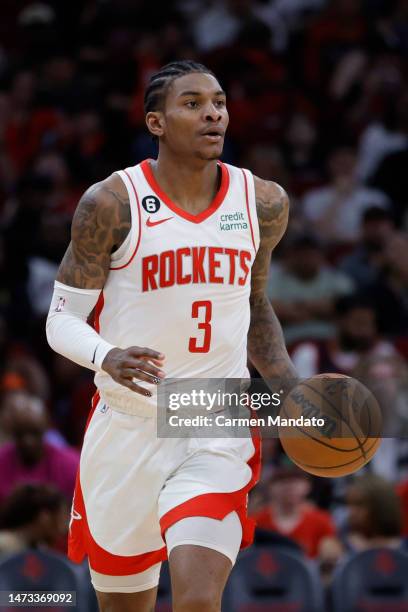 Kevin Porter Jr. #3 of the Houston Rockets in action against the Chicago Bulls during the second half at Toyota Center on March 11, 2023 in Houston,...