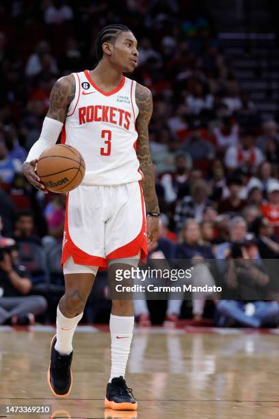 Kevin Porter Jr. #3 of the Houston Rockets in action against the Chicago Bulls during the second half at Toyota Center on March 11, 2023 in Houston,...