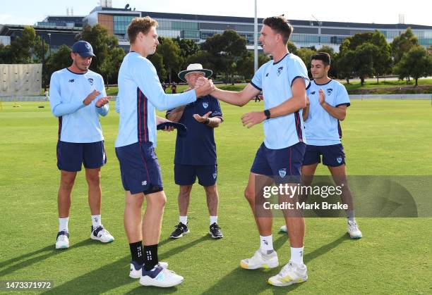Ryan Hadley of the Blues during his debut cap presentation before start of the Sheffield Shield match between South Australia and New South Wales at...