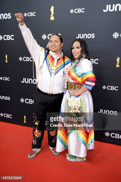 Joel Wood and guest attend the 2023 JUNO Awards at Rogers Place on March 13, 2023 in Edmonton, Alberta.