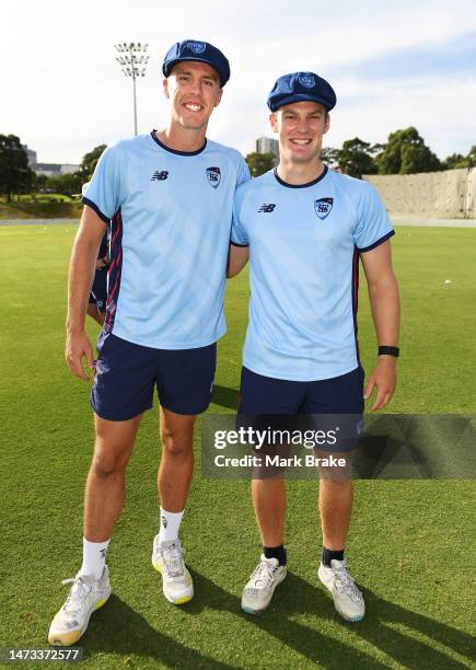 Ryan Hadley and Blake McDonald of the Blues after receiving their debut caps before start of the Sheffield Shield match between South Australia and...