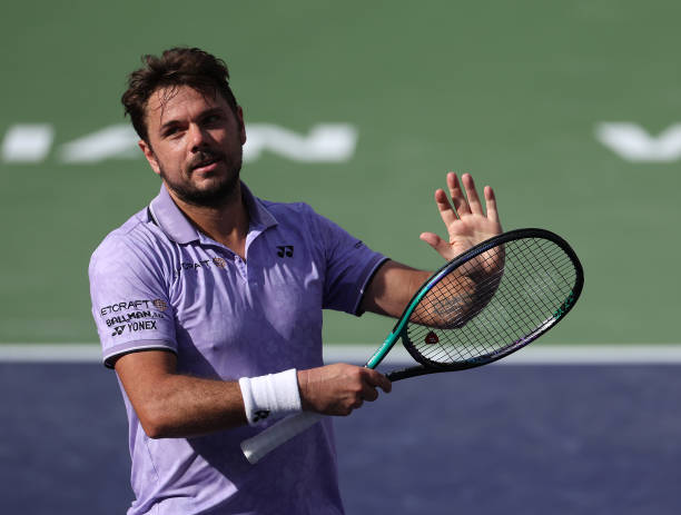 Stan Wawrinka of Switzerland celebrates after his three set win over Holger Rune of Denmark during the BNP Parisbas Open at the Indian Wells Tennis...