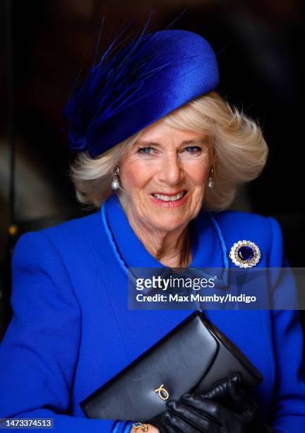 Camilla, Queen Consort attends the 2023 Commonwealth Day Service at Westminster Abbey on March 13, 2023 in London, England. The Commonwealth...