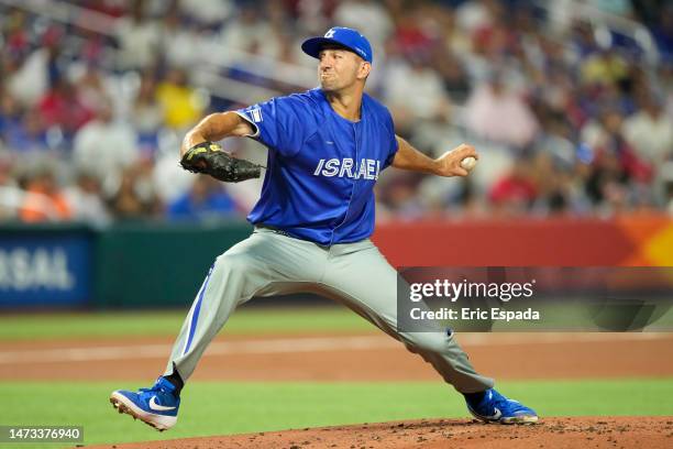 Colton Gordon of Israel throws a pitch during the first inning against Puerto Rico at loanDepot park on March 13, 2023 in Miami, Florida.