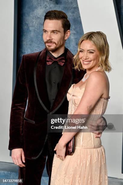 Matthew Koma and Hilary Duff attend the 2023 Vanity Fair Oscar Party Hosted By Radhika Jones at Wallis Annenberg Center for the Performing Arts on...
