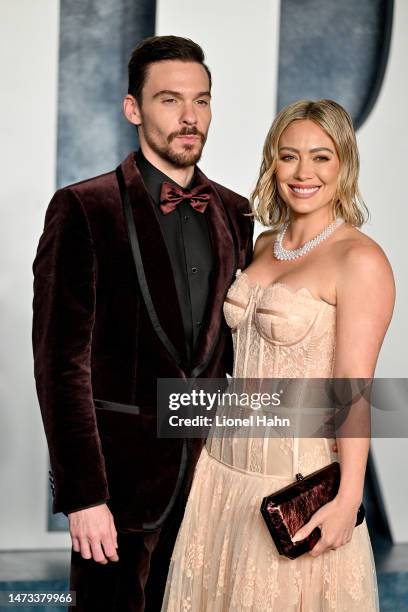 Matthew Koma and Hilary Duff attend the 2023 Vanity Fair Oscar Party Hosted By Radhika Jones at Wallis Annenberg Center for the Performing Arts on...