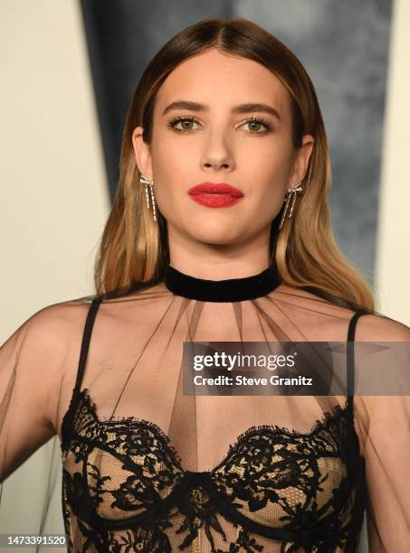 Emma Roberts arrives at the Vanity Fair Oscar Party Hosted By Radhika Jones at Wallis Annenberg Center for the Performing Arts on March 12, 2023 in...