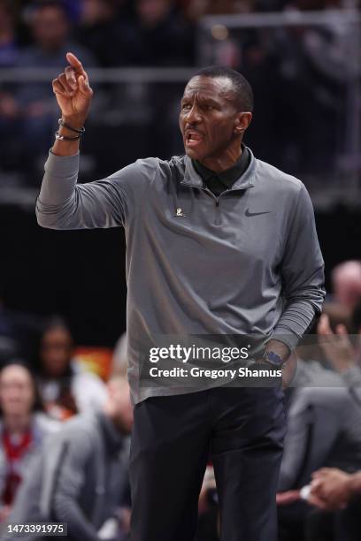 Head coach Dwane Casey of the Detroit Pistons reacts during a game against the Indiana Pacers at Little Caesars Arena on March 13, 2023 in Detroit,...