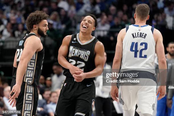 Desmond Bane of the Memphis Grizzlies reacts during the second half against the Dallas Mavericks at American Airlines Center on March 13, 2023 in...