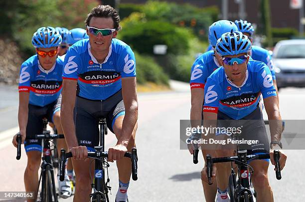 Team Garmin-Sharp lead by Johan Vansummeren of Belgium and Christian Vande Velde of the USA take a training ride in preperation for the Tour de...