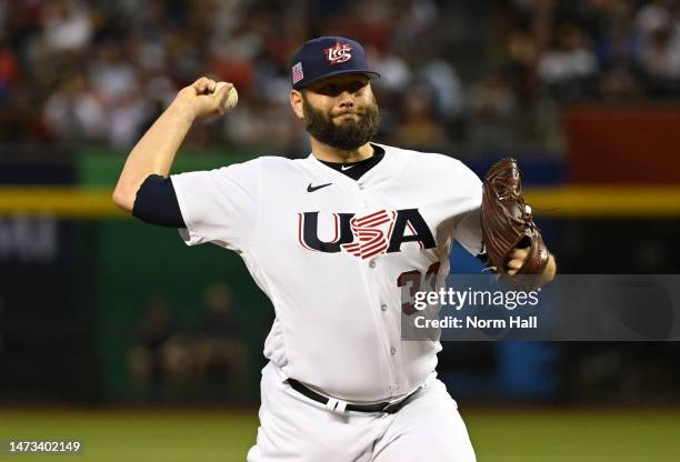 Lance Lynn of the United States pitches in the first inning against Canada during a World Baseball Classic Pool C game at Chase Field on March 13,...