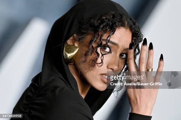 Imaan Hammam attends the 2023 Vanity Fair Oscar Party hosted by Radhika Jones at Wallis Annenberg Center for the Performing Arts on March 12, 2023 in...