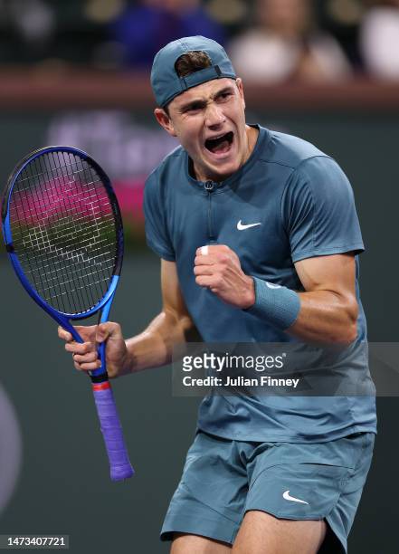 Jack Draper of Great Britain celebrates defeating Andy Murray of Great Britain during the BNP Paribas Open on March 13, 2023 in Indian Wells,...