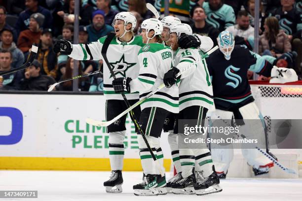 The Dallas Stars celebrate a goal by Joe Pavelski during the second period against \s3 at Climate Pledge Arena on March 13, 2023 in Seattle,...