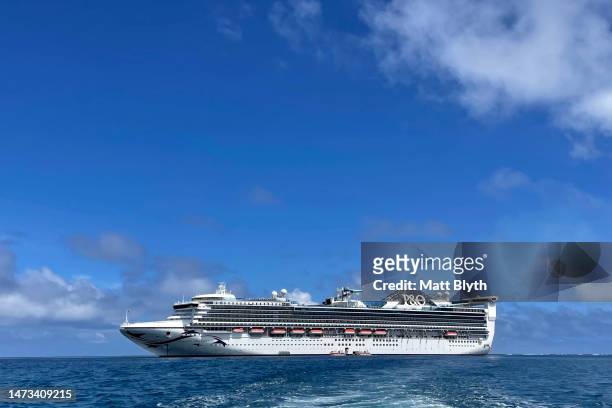 Cruise ship Pacific Adventure is seen anchored near Mystery Island on February 26, 2023 in Vanuatu.
