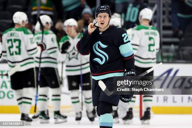 Eeli Tolvanen of the Seattle Kraken reacts after losing to the Dallas Stars 5-2 at Climate Pledge Arena on March 13, 2023 in Seattle, Washington.