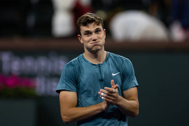 Jack Draper of Great Britain celebrates his victory over Andy Murray of Great Britain in the third round of the BNP Paribas Open on March 13, 2023 in...