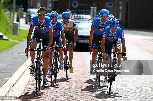 Team Garmin Sharp lead by Johan Vansummeren of Belgium and Christian Vande Velde of the USA take a training ride in preperation for the Tour de...