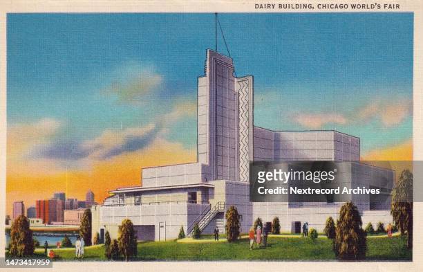 Vintage illustrated souvenir photo postcard published in 1933 depicting the vibrant landscape of the Chicago World's Fair of 1933, here the Dairy...