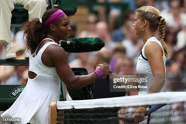 Serena Williams of the USA shakes hands with Melinda Czink of Hungry after defeating her in their Ladies' Singles second round match on day four of...