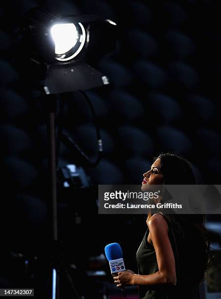 Presenter Sara Carbonero looks on during during the UEFA EURO 2012 semi final match between Portugal and Spain at Donbass Arena on June 27, 2012 in...