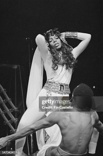 1st FEBRUARY: American singer Donna Summer performs live on stage at Radio City Music Hall in New York in February 1976.