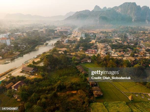 aerial view of green rice paddy - vang vieng stockfoto's en -beelden