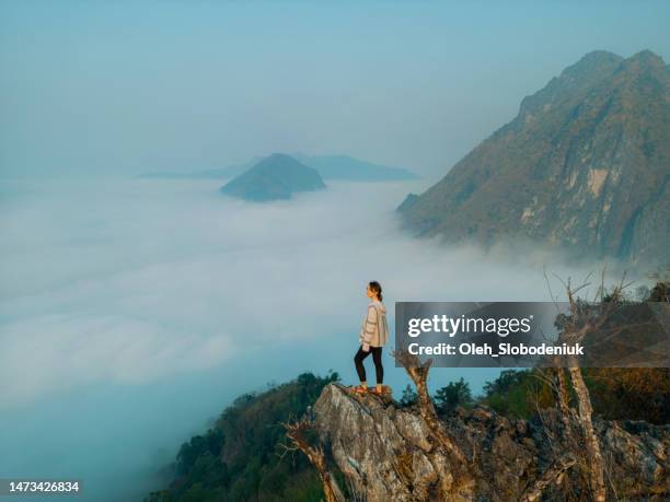 aerial view of woman standing on the mountain peak and looking at fog in the valley - vang vieng stockfoto's en -beelden