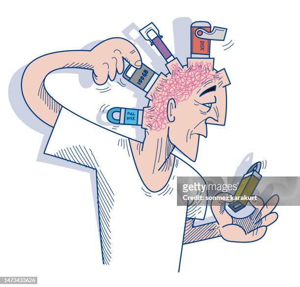 man with usb stick on his head - bci stock illustrations