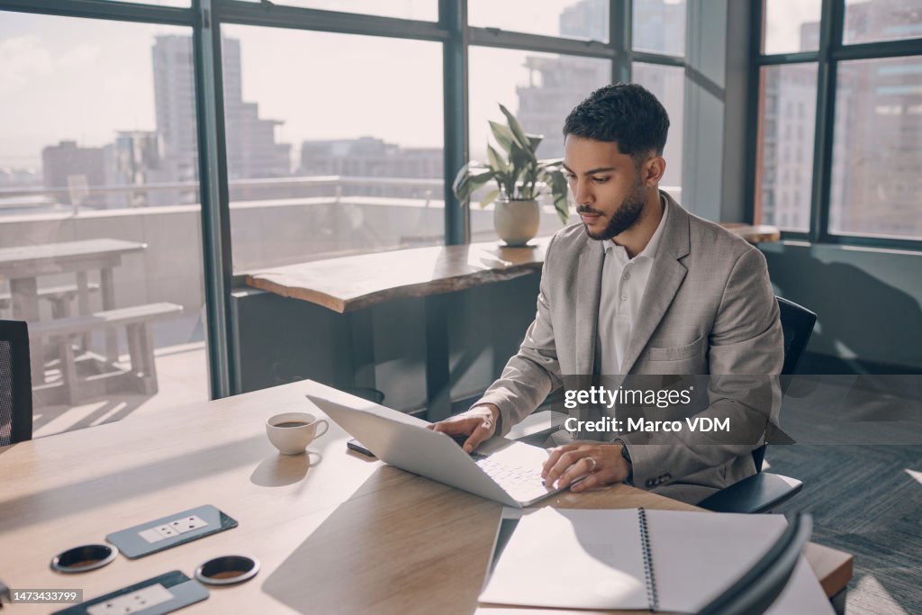 Businessman, laptop or concentration in office finance management, investment future ideas or insurance policy savings. Corporate worker, manager or man on technology accounting, budget app or vision