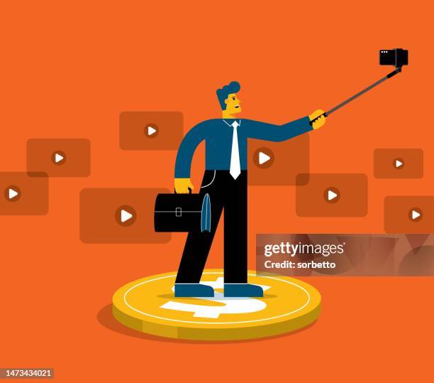 vlogger taking selfie with a selfie stick - selfie stick stock illustrations