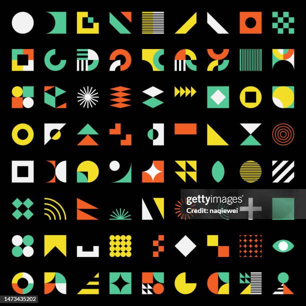 illustrazioni stock, clip art, cartoni animati e icone di tendenza di insieme vettoriale del minimalismo del blocco di colore elementi geometrici del design del simbolo di stile bauhaus in fondo nero - colour block