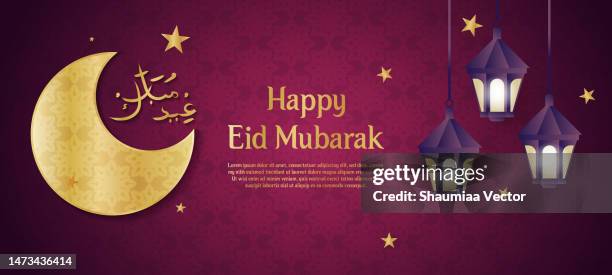 islamic mosque with moon, stars, lanterns and clouds at night. eid mubarak greeting banner template vector - arabic calligraphy stock illustrations