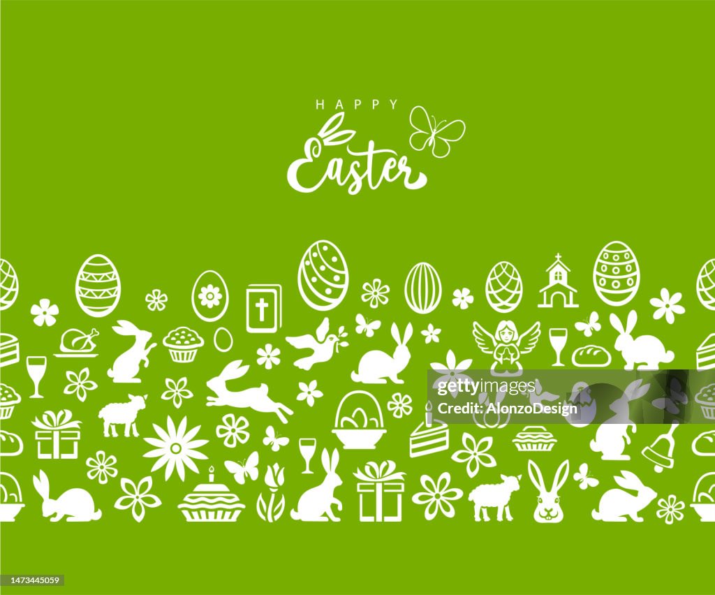 Easter Seamless Green Pattern. Icons with Easter eggs, flowers, bunnies and butterfly.
