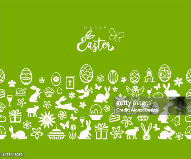 easter seamless green pattern. icons with easter eggs, flowers, bunnies and butterfly. - wild card 幅插畫檔、美工圖案、卡通及圖標