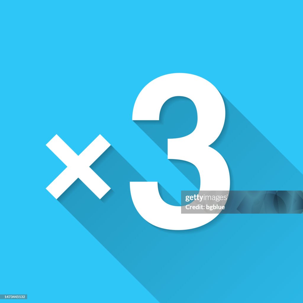 X3, Three times. Icon on blue background - Flat Design with Long Shadow