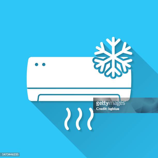 air conditioner with snowflake. icon on blue background - flat design with long shadow - blue ventilation stock illustrations