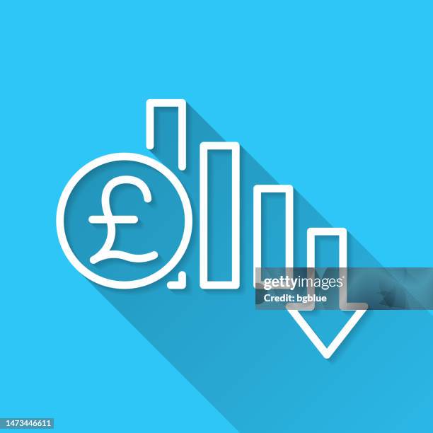 pound rate decrease. icon on blue background - flat design with long shadow - white 3d chart stock illustrations