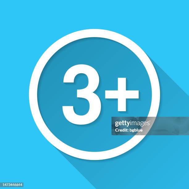 3+ three plus sign - age restriction. icon on blue background - flat design with long shadow - three levels stock illustrations