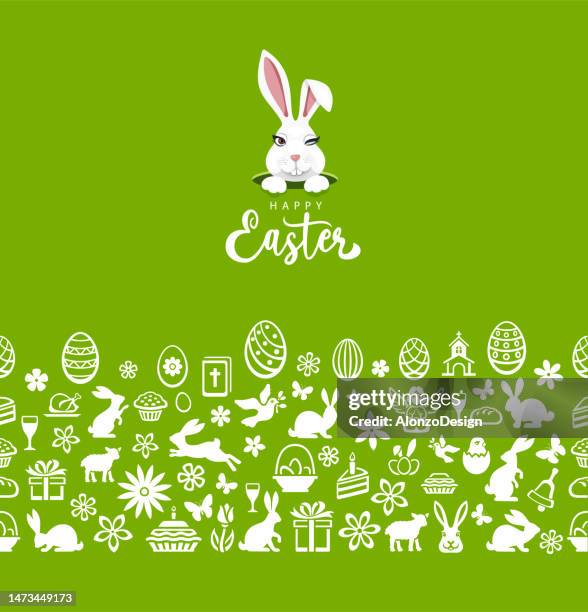 easter seamless green pattern. icons with easter eggs, flowers, bunnies and butterfly. - easter seamless pattern stock illustrations