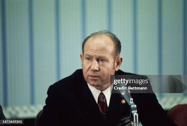 Soviet Cosmonaut Aleksei Leonov , a Soyuz crew member for the Apollo-Soyuz Test Project, pictured at a press conference in Houston, Texas, on April...