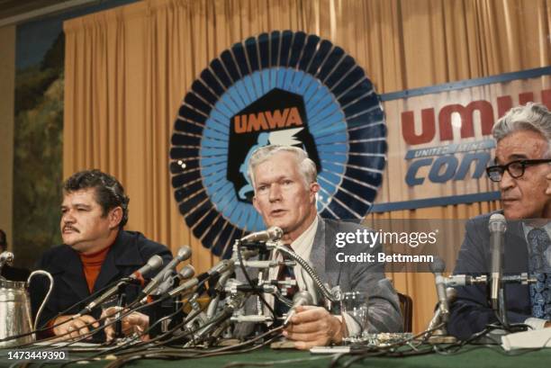 Arnold Miller , President of the United Mine Workers of America , pictured at a press conference in Washington during the Bituminous coal strike of...