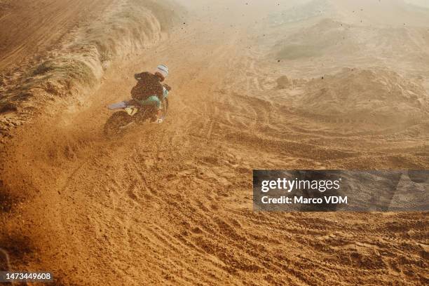 man on motorbike, sand and dunes for speed, mockup and desert sports. top view of driver, motorcycle and travel on dirt track, show and driving on adventure course, fast action and cycling freedom - motocross imagens e fotografias de stock