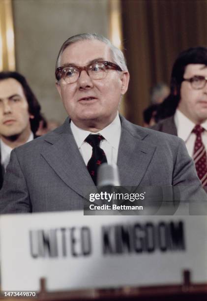 Close-up of James Callaghan , Foreign Secretary of Great Britain, pictured in Geneva for a conference on Cyprus on July 25th, 1975.