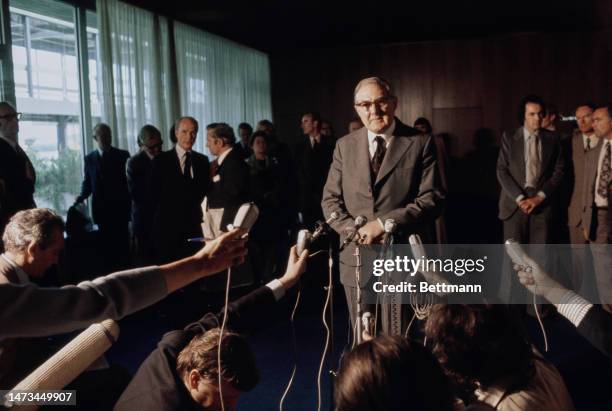 James Callaghan , Foreign Secretary of Great Britain, pictured at a press conference in Geneva during a conference on Cyprus on July 25th, 1975.