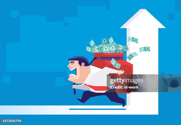 businessman holding stack of banknotes and leaving rising arrow sign doorway on smartphone - sprint phone stock illustrations