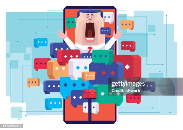 geschäftsmann schockiert und steckt in viel sprechblase auf smartphone - viele gegenstände stock-grafiken, -clipart, -cartoons und -symbole