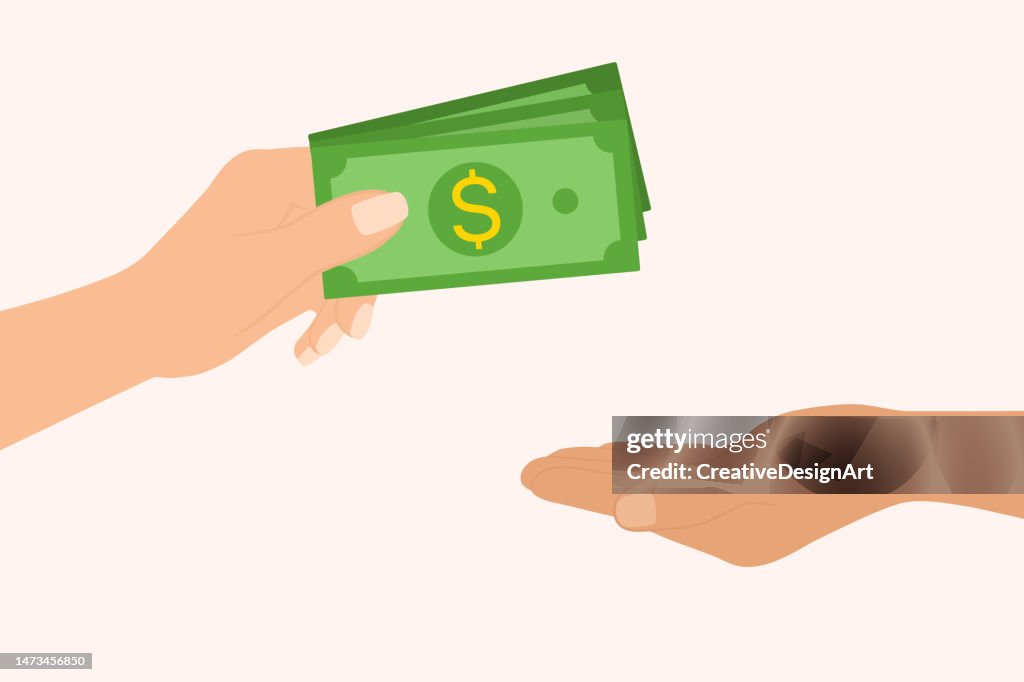 Hand Giving Money, Other Hand Takes The Money. Payment In Cash. Salary, Investment, Bribe And Donation Concepts