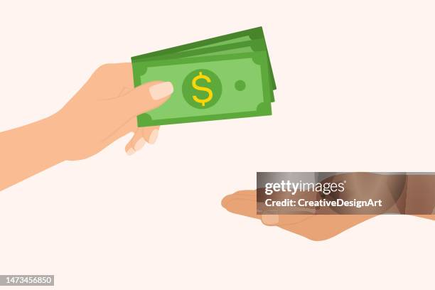 hand giving money, other hand takes the money. payment in cash. salary, investment, bribe and donation concepts - human hand stock illustrations