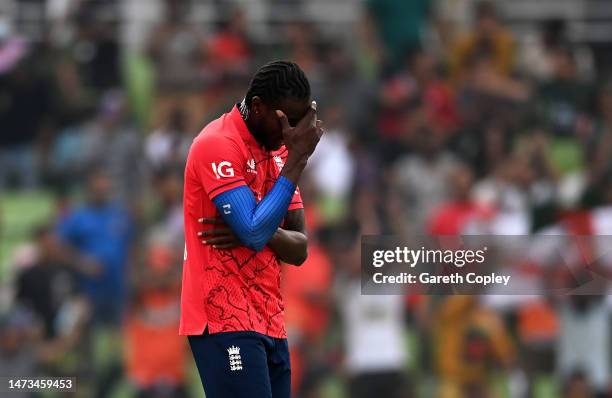 Jofra Archer of England reacts during the 3rd T20 International match between Bangladesh and England at Sher-e-Bangla National Cricket Stadium on...